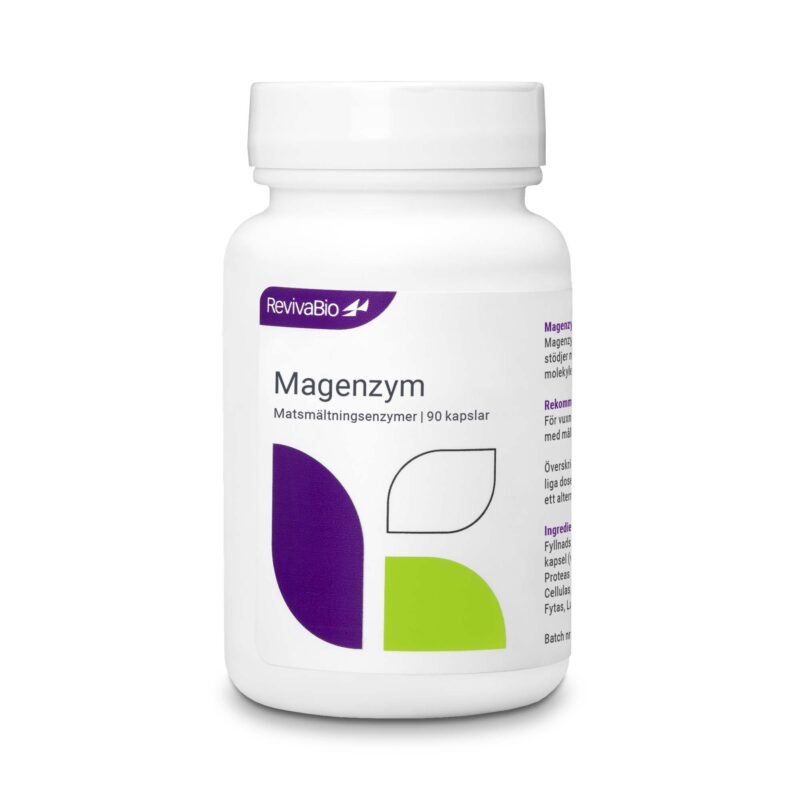 Produktbild av kosttillskottet Magenzym 90 kapslar som innehåller matsmältningsenzymer som bryter ner kolhydrater, fetter och proteiner.