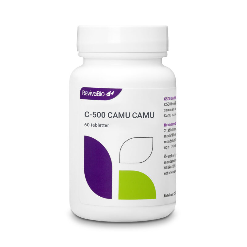 Bild på vit burk som innehåller kosttillskott. C500 innehåller Camu Camu, Acerola och C-vitamin i formen kalciumaskorbat.