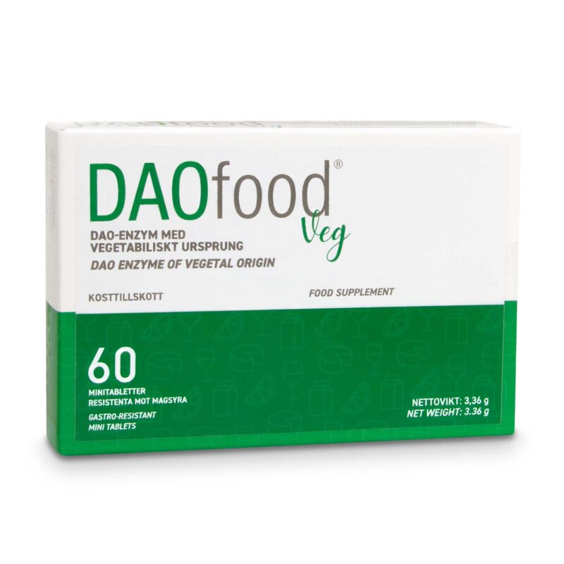 Vit och grön ask med kosttillskott. DAOfood® Veg 60 tabletter innehåller Dao-enzymet diaminoxidas som bryter ner histamin. Produkten är vegetabilisk.